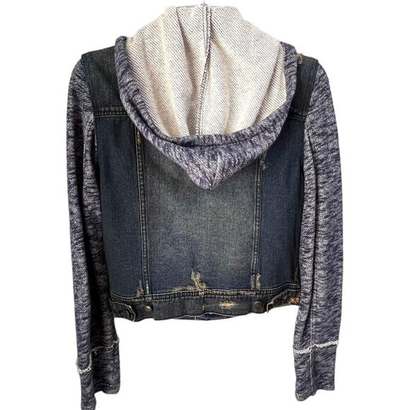 Free People Hoodie Jean Jacket Distressed Denim Sz S Removable Hood - Picture 4 of 15